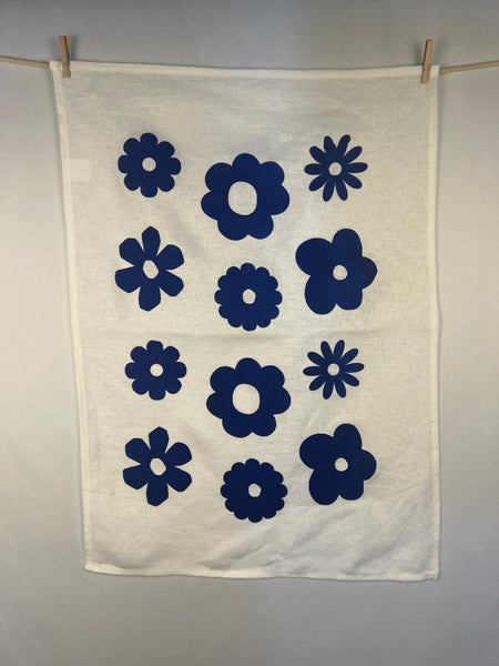 once and floral - blue flowers linen tea towel