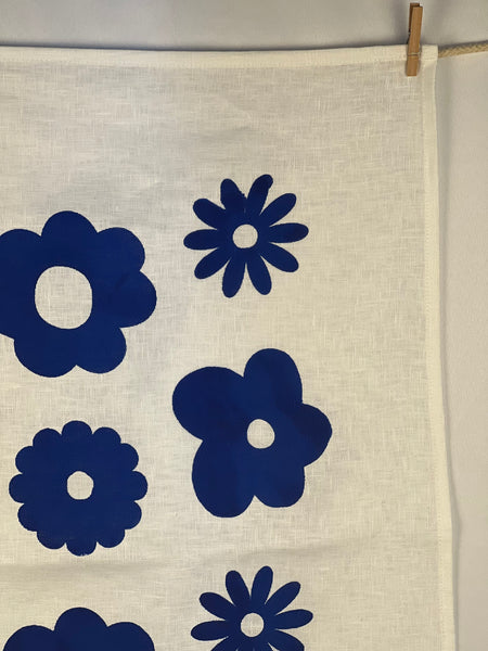 once and floral - blue flowers linen tea towel
