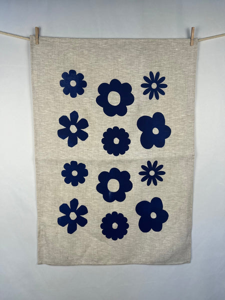 once and floral - blue flowers oatmeal linen tea towel