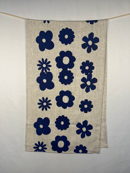 once and floral - blue flowers oatmeal linen table runner