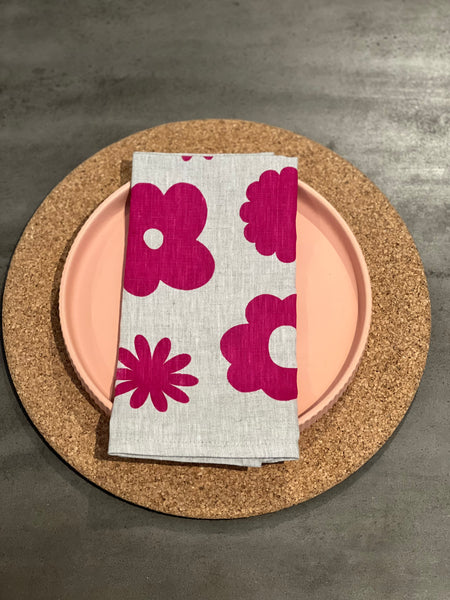once and floral - fuchsia flowers oatmeal linen napkins (set of four)