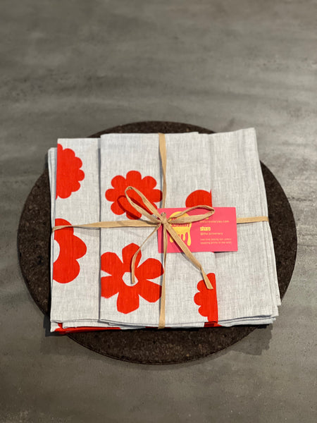 once and floral - scarlet flowers oatmeal linen napkins (set of four)