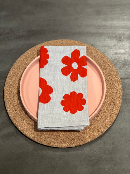 once and floral - scarlet flowers oatmeal linen napkins (set of four)