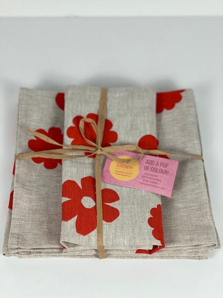once and floral - scarlet flowers oatmeal linen napkins (set of four)