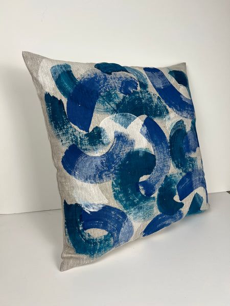 Fools Brush In - Brush Strokes Linen Cushion Cover (Oatmeal Linen) Blue, Teal & Pearl White
