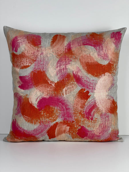 Fools Brush In - Brush Strokes Linen Cushion Cover (Oatmeal Linen) Pink, Orange & Peachy Pearl