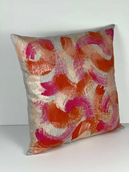 Fools Brush In - Brush Strokes Linen Cushion Cover (Oatmeal Linen) Pink, Orange & Peachy Pearl