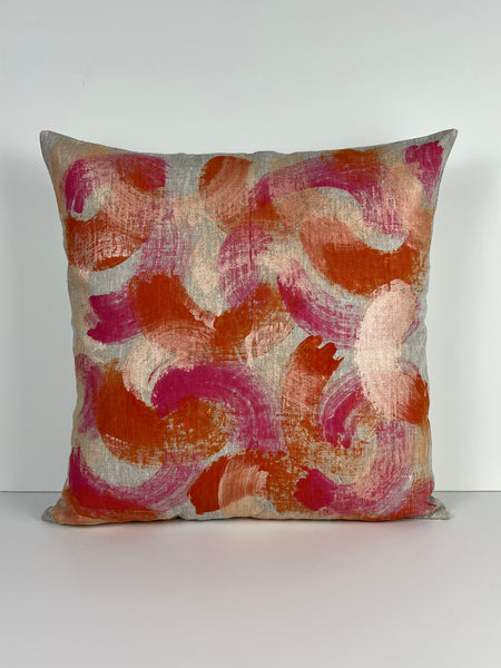 Fools Brush In - Brush Strokes Linen Cushion Cover (Oatmeal Linen) Pink, Orange & Peachy Pearl
